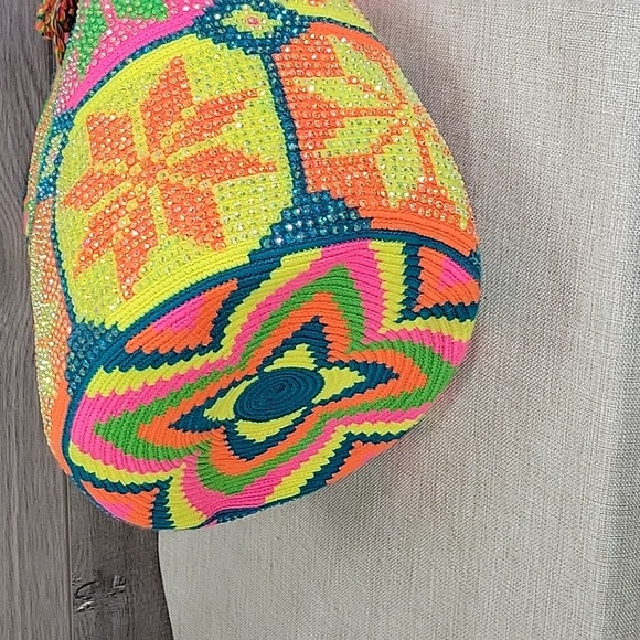 Wayuu Handmade Neon Rhinestone Drawstring Tote Shoulder Bag Purse Handbag - Picture 9 of 13
